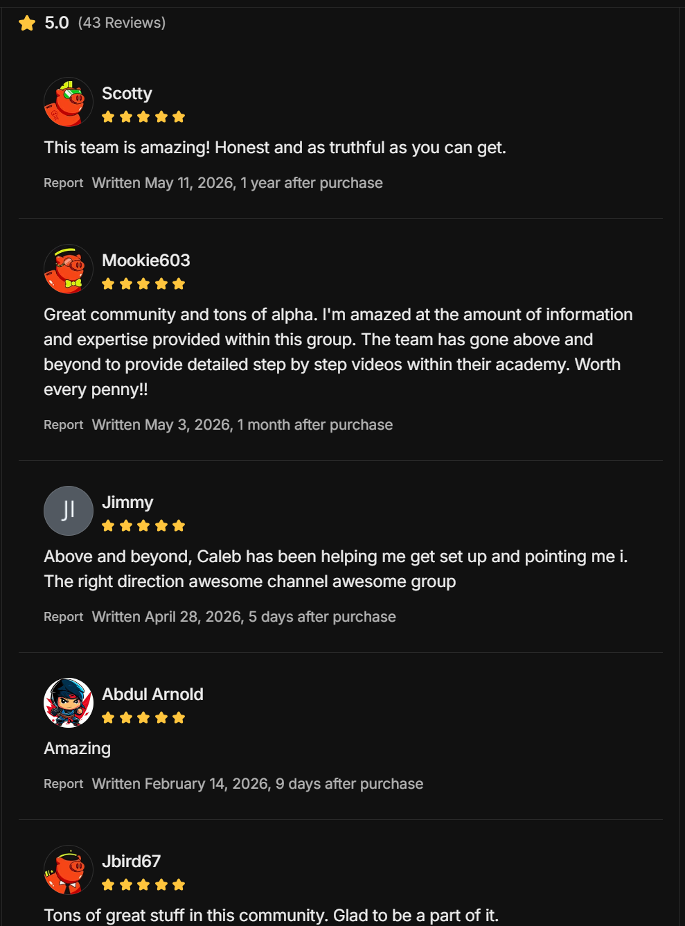 TWT Whop reviews — 5.0 stars across dozens of member testimonials